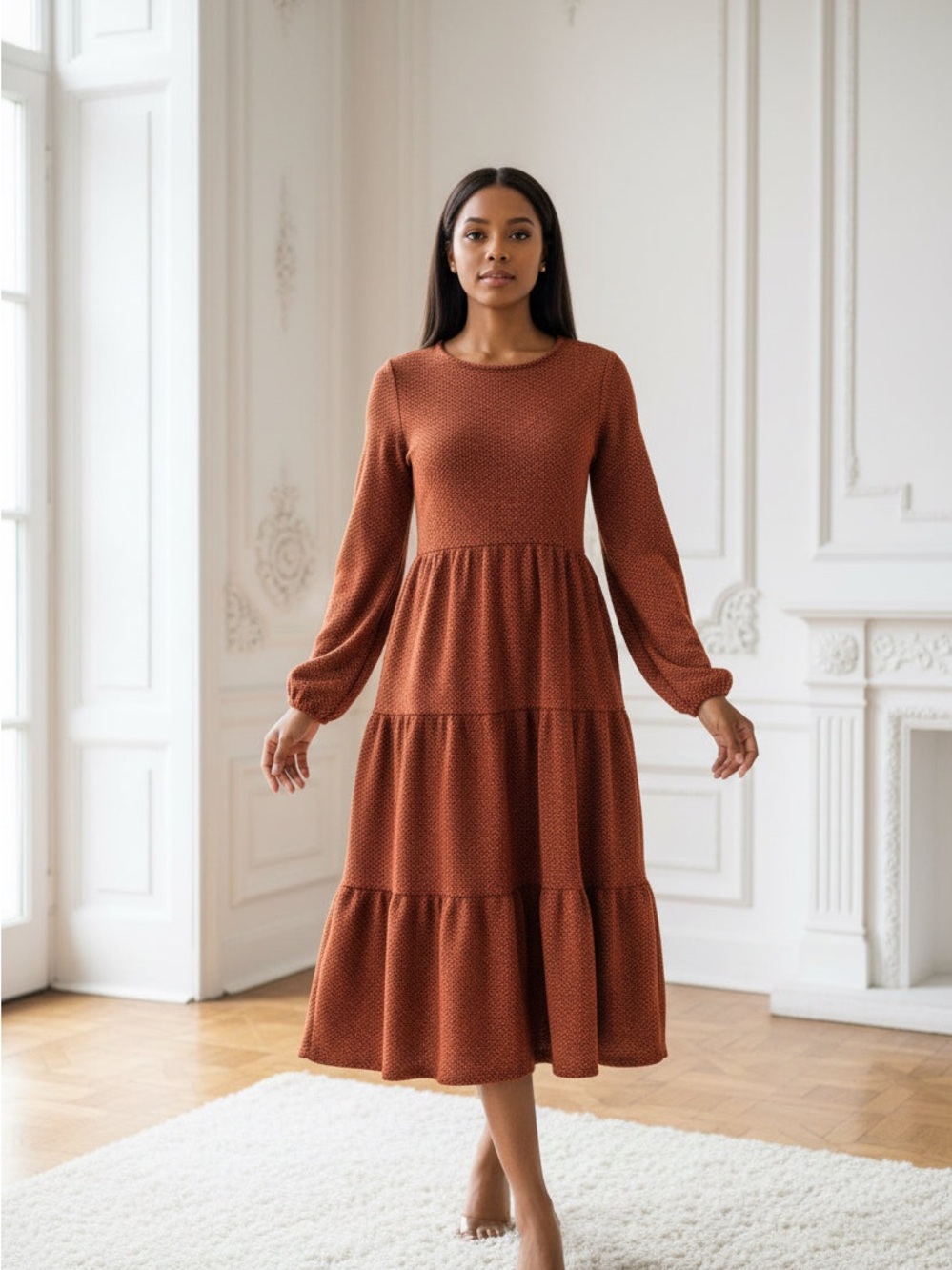 Source Unknown Tiered Long Sleeve Midi Dress in Rust